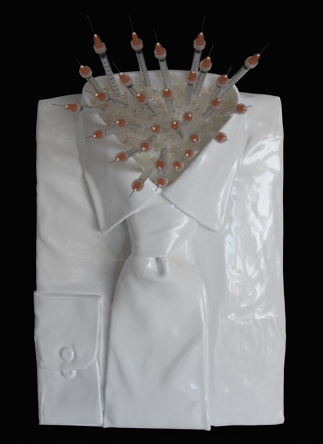 Pricks <br> (syringes, enamel on shirt and tie, <br> 32cm x 22cm x 15cm)